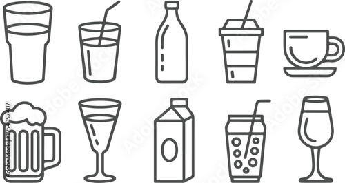 Set of ten gray outline drink icons, various beverage containers including glasses, bottles, beer mug, juice carton, and a wine glass over transparent background