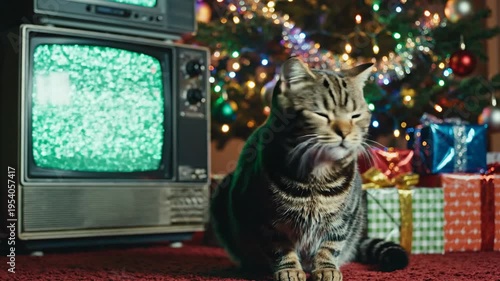 Striped cat portrait with tv and christmas gifts in holiday setting