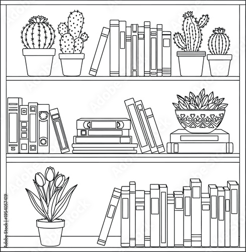 Black and white illustration of a bookshelf with decorative items and plants