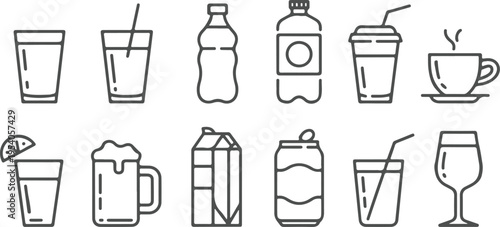 Set of twelve gray outline beverage icons, various drink containers including glasses, bottles, carton, cans, beer mug, coffee cup, and a wine glass over transparent background