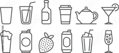 Collection of beverage icons featuring glasses, bottles, cups, and teapot, perfect for drink menus, websites, and infographics, outline style