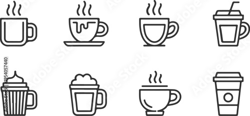 Coffee icon set featuring various hot and cold drink outlines including espresso cappuccino and latte cups with steam and whipped cream plus take away paper cups for cafe menu design and promotion