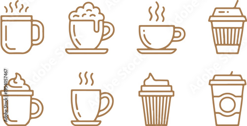 Golden coffee icon collection featuring elegant line art of hot drink mugs with steam and frothy toppings plus take away cups for boutique cafe branding and high end restaurant menu design projects