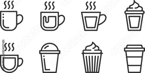 Minimalist coffee cup icons set with linear style showing hot chocolate mugs with steam and whipped cream toppings and tall take out containers for cold beverages suitable for cafe branding designs