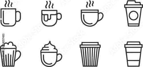 Professional coffee beverage icon set with outline style including mugs with heat steam and whipped cream plus various take away containers for hot or cold brews perfect for cafe menu illustrations