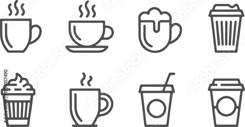 A set of eight black line art icons depicting various hot and cold beverages, including coffee cups, mugs, and disposable cups with lids and straws, on a white background.