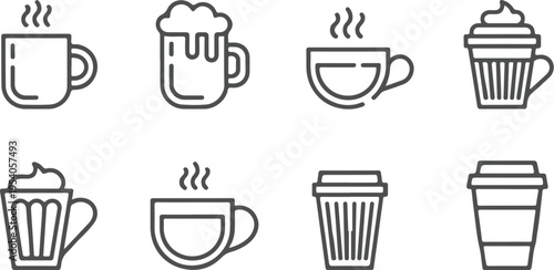 Set of black outlined cups and mugs with steam over transparent background. collection of hot beverage drinkware, including tea cup, coffee mug, beer glass, and take-away containers for cafe menu