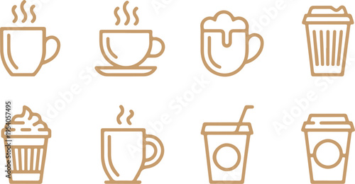 A collection of eight minimalist icons depicting various coffee and tea cups, mugs, and drinks in a simple, line-drawn style on a white background.