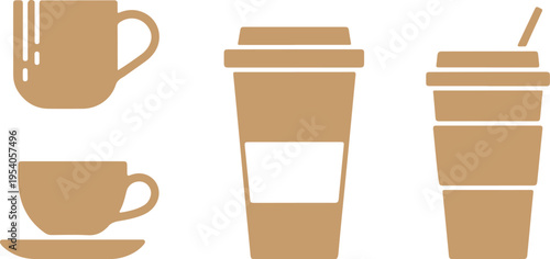Brown silhouette icons of beverage containers over transparent background. collection includes coffee cup, tea cup, take-away cup, and take-away cup with straw, ideal for cafe or restaurant branding