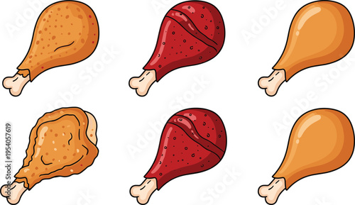 Fried chicken drumstick set with crispy and spicy drumsticks, cartoon vector illustration collection for fast food menu, snacks, restaurant icons, and culinary design.