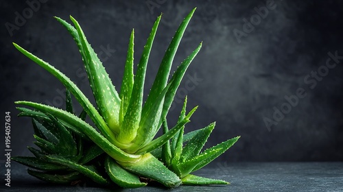 Aloe vera, a green plant, helps skin and hair. Its leaves offer natural healing for treatments. Dark, calm backdrop shows off the plant.