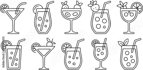Refreshing beverage icons set including ten linear cocktail designs with fruit garnishes and ice cubes in various glassware styles for modern restaurant menu and summer party invitation card graphics
