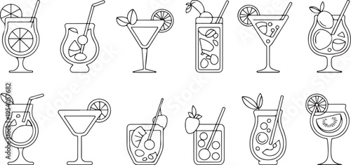 Set of outline black cocktail icons, many various alcoholic and non-alcoholic drinks, tropical beverages, summer refreshments, party menu items, refreshing beverages, celebration