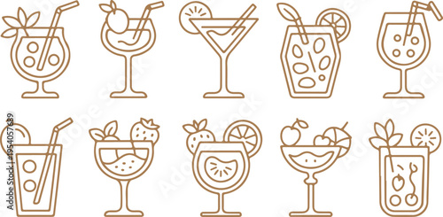 Set of ten outline beige cocktail icons, various alcoholic and non-alcoholic drinks, tropical beverages, summer refreshments, party menu items, refreshing beverages