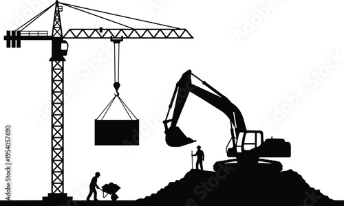 Silhouette construction site with tower crane lifting load, excavator digging on mound, workers operating machinery, industrial engineering concept, heavy equipment illustration isolated background
