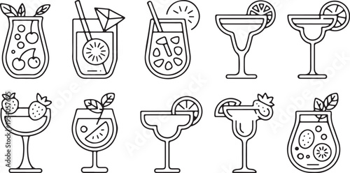 Collection of cocktail and drink icons outline for menu design beverage glass with fruits and ice cubes for summer party celebration and refreshment vector illustration