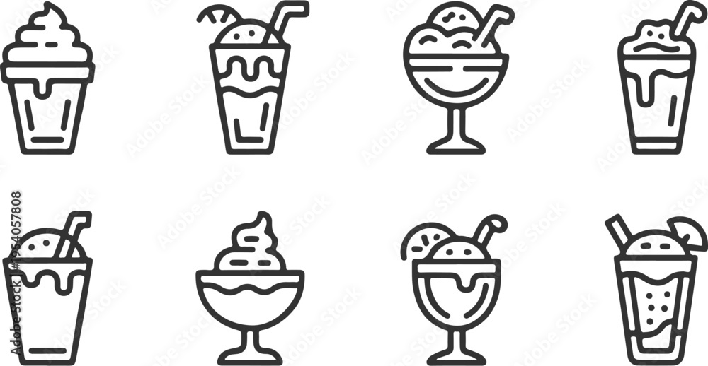 Fototapeta premium Eight stylized icons of refreshing cold beverages and frozen desserts on transparent background vector graphics