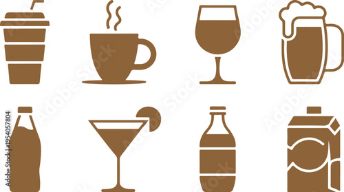 Set of eight isolated icon illustrations displaying various drink containers and glasses, rendered in a warm brown color on a transparent checkered background
