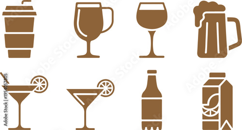 Set of eight isolated icon illustrations displaying various drink containers and glasses, rendered in a warm brown color on a transparent checkered background