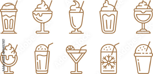 Outline icons of various desserts and cold drinks, including milkshakes, cocktails, and ice cream sundaes, presented in a linear style with brown color, isolated on transparent background.