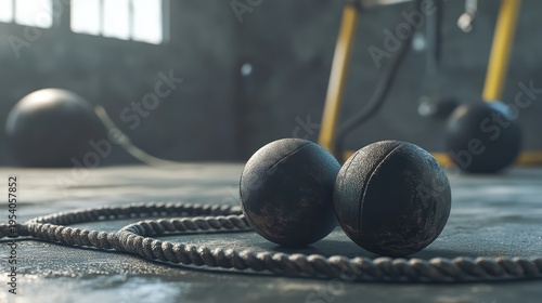 Two textured medicine balls and a thick rope in a dimly lit gym, suggesting a demanding workout or rehabilitation session.