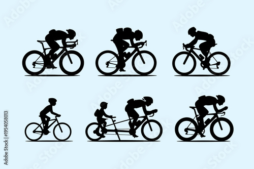 Set of black silhouettes featuring various cyclists riding different types of road and tandem bikes isolated on white background, Vector, illustration