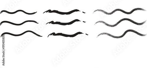 A collection of nine unique black squiggly line designs on a white background for artistic and design use
