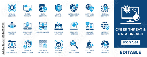 Cyber threat and data breach icon set. Ransomware, phishing attack, malware, hacking, firewall protection and network security vector symbols.
