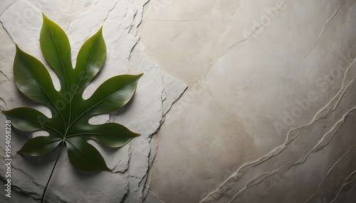 Vibrant green tropical leaf gracefully placed on a contrasting textured stone surface, creating a serene and minimalist natural background for various design elements