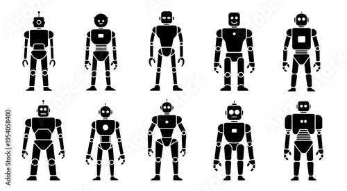 A collection of ten distinct black silhouette icons representing various humanoid robot designs isolated on white background, Vector, illustration