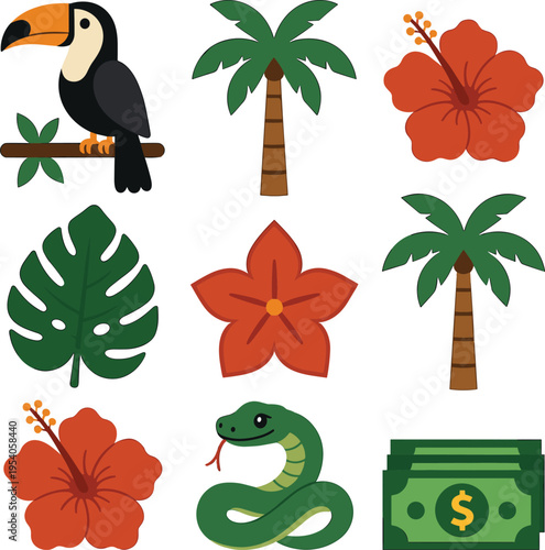 Tropical vector icon set featuring toucan bird palm trees hibiscus flowers monstera leaf green snake and money bills isolated on white background for travel (25 words)