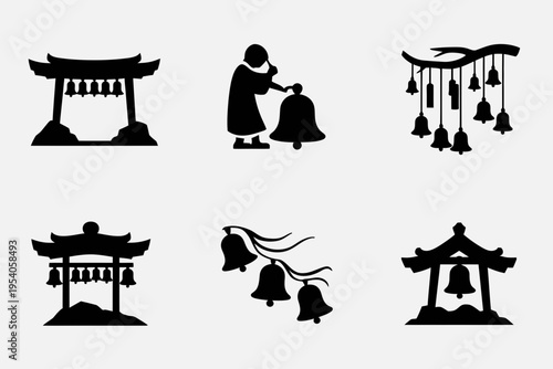 A collection of black icons depicting traditional japanese temple bells and architectural structures isolated on white background, Vector, illustration