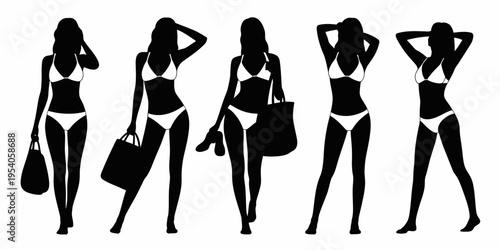 A collection of five elegant female silhouettes wearing bikinis in various relaxed summer poses isolated on white background, Vector, illustration
