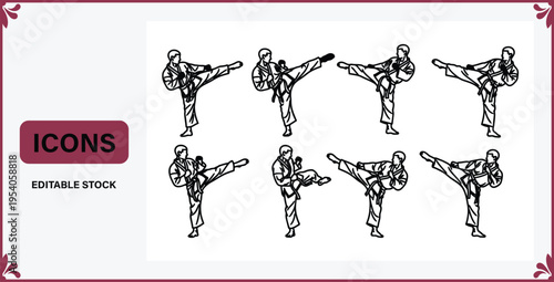 Collection of various karate poses and movements in simple line drawing style for design and illustration purposes