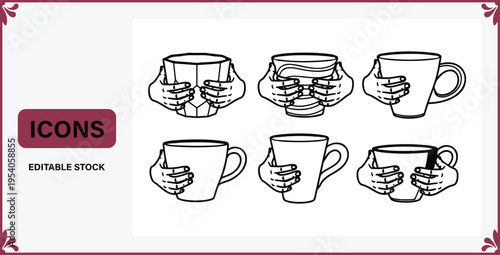 Line drawing of six different hands holding coffee mugs in various styles and positions  icons set