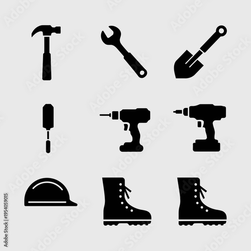 A collection of black icons representing various construction tools and safety equipment items isolated on white background, Vector, illustration