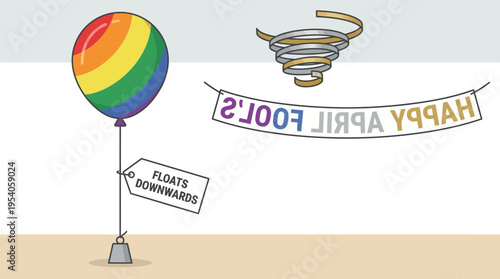 A rainbow helium balloon with a weight tag indicating it floats downwards accompanies a reversed 'Happy April Fools' banner.