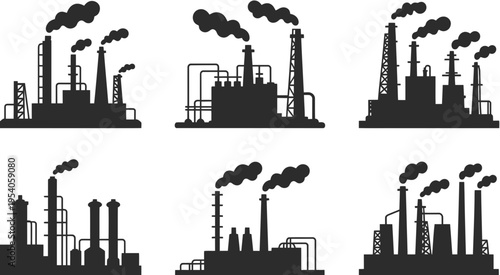A collection of black silhouette icons representing various industrial manufacturing plant facilities isolated on white background, Vector, illustration