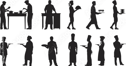 A collection of black silhouettes depicting professional chefs and waitstaff in various activities isolated on white background, Vector, illustration