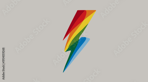 Rainbow colored lightning bolt illustration on a gray background, with a drop shadow