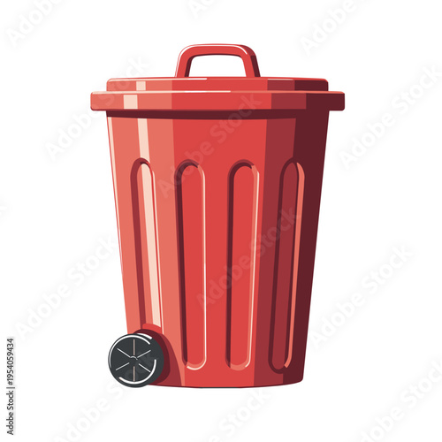 Isolated red trash can with wheels and lid, represents waste management and recycling initiatives. Useful for articles on environmental sustainability and cleanliness.