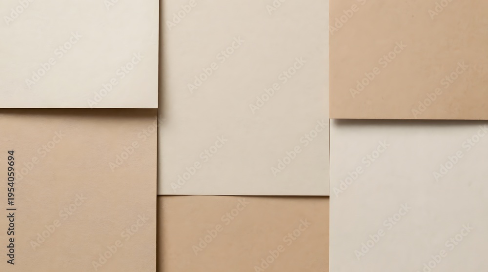 Fototapeta premium Minimalist flat lay composition of overlapping rectangular beige and cream paper sheets, creating a subtle neutral abstract texture background for design concepts