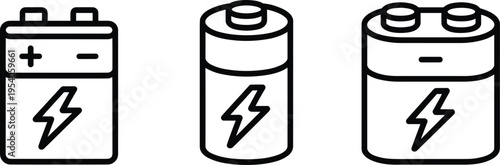 Set of three black and white battery icons with lightning bolt energy symbols, representing electricity, power storage, energy supply, and electronic device charging concepts