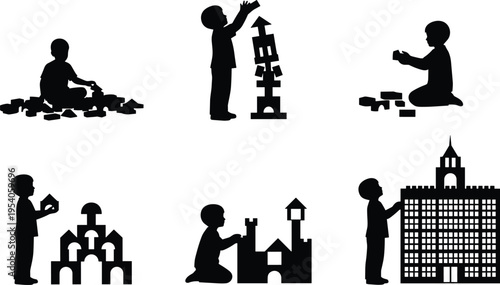 Silhouette children playing with building blocks, developmental stages of creativity, teamwork, imagination, and architectural construction 