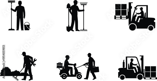 Silhouette icons of diverse workers including janitor, gardener, warehouse forklift operator, maintenance staff, and delivery courier representing manual labor occupations and service industry roles