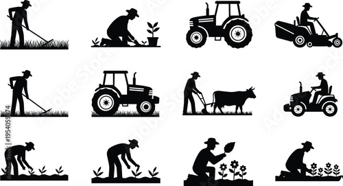 Silhouette icons of farming and gardening activities with tractor, plowing, planting, lawn mowing, and plant care representing agriculture, horticulture, machinery, and manual labor concepts