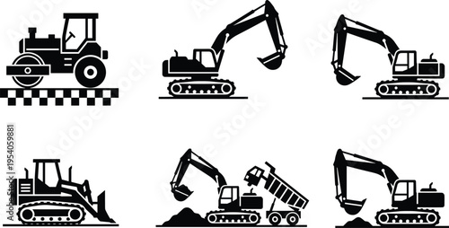Silhouette icons of heavy construction vehicles including excavator, bulldozer, road roller, and dump truck in black and white, industrial earthmoving machinery illustration set