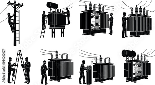 Silhouette illustrations of electrical workers maintaining power transformers, utility poles, and control panels, showcasing energy infrastructure, 