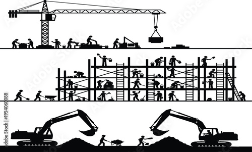 Set of horizontal construction site banners with worker silhouettes, tower crane lifting loads, builders on scaffolding, and heavy excavators digging soil in black vector.
