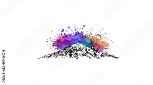 Black and white mountain illustration erupting with a vibrant explosion of colorful paint splashes